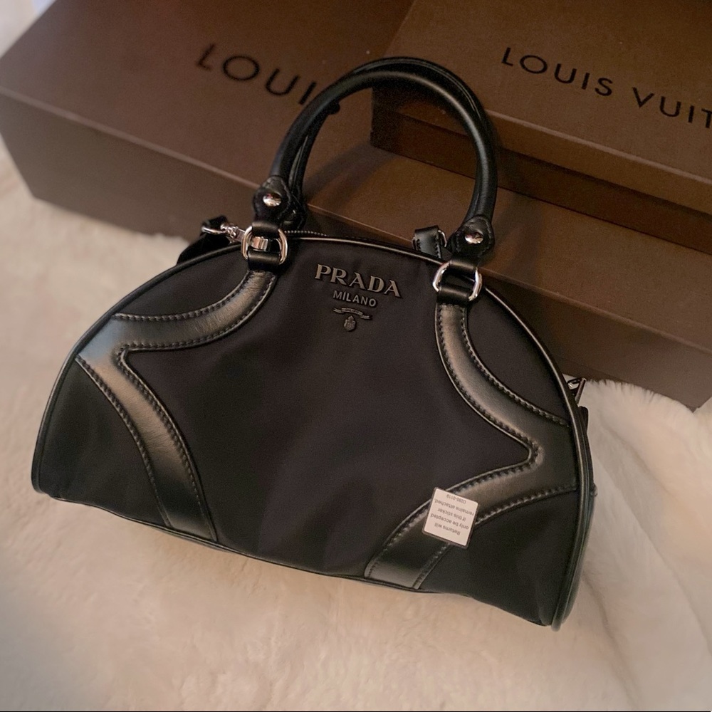 Prada Milano handbag, all black nylon and leather with wide  crossbody strap